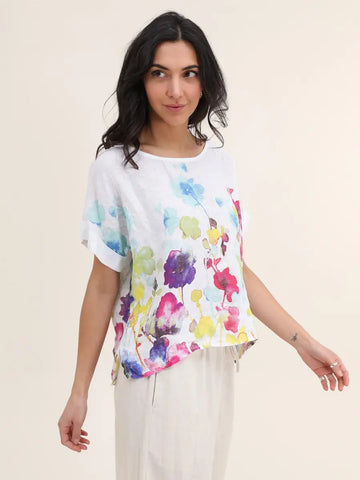 Floral Linen Top – Rounded Neck