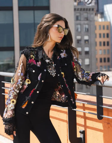 Denim Lace Jacket with Floral Embroidery