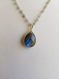 Necklace Labradorite Beads 3mm 14k Gold Filled Beaded Rosary Chain and Labradorite Tear drop Pendant