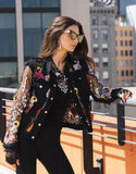 Black Denim Lace Jacket with Floral Embroidery