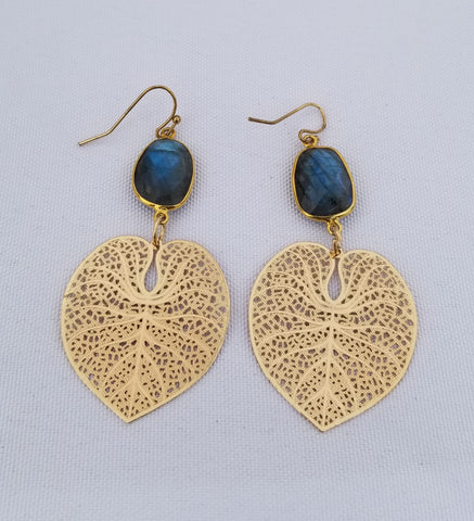Earrings 14 k Gold Filled and labradorite . Gold heart leaf at bottom