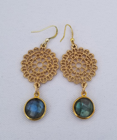Earrings 14 k Gold Filled and labradorite at bottom.