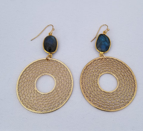 Earrings 14 k Gold Filled and labradorite at top. Donut gold charm