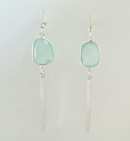 Earrings Sterling Silver and Green Chalcedony. Bar