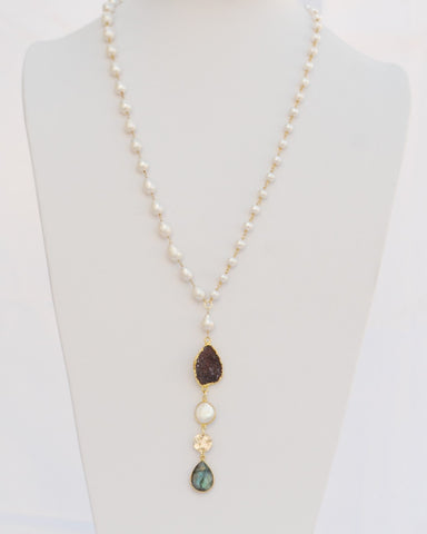 30 Inches "Y" Necklace 8 mm and 4 mm Fresh Water Pearl Beads 14k Gold Filled Beaded Rosary Chain and Labradorite Tear drop Pendant