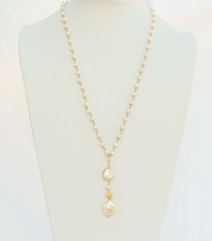 30 Inches "Y" Necklace Fresh Water Pearls 4mm 14k Gold Filled Beaded Rosary Chain and Coin Pearl Pendant