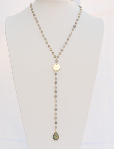 30 Inches "Y" Necklace Labradorite Faceted Flat Rondelle Beads 6mm 14k Gold Filled Beaded Rosary Chain and Labradorite Tear drop Pendant D2
