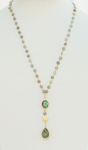 30 Inches "Y" Necklace Labradorite Faceted Flat Rondelle Beads 6mm 14k Gold Filled Beaded Rosary Chain and Labradorite Tear drop Pendant