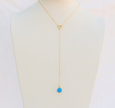 24 Inches "Y" Necklace 14K Gold Filled Chain and Blue Agate coin Pendant